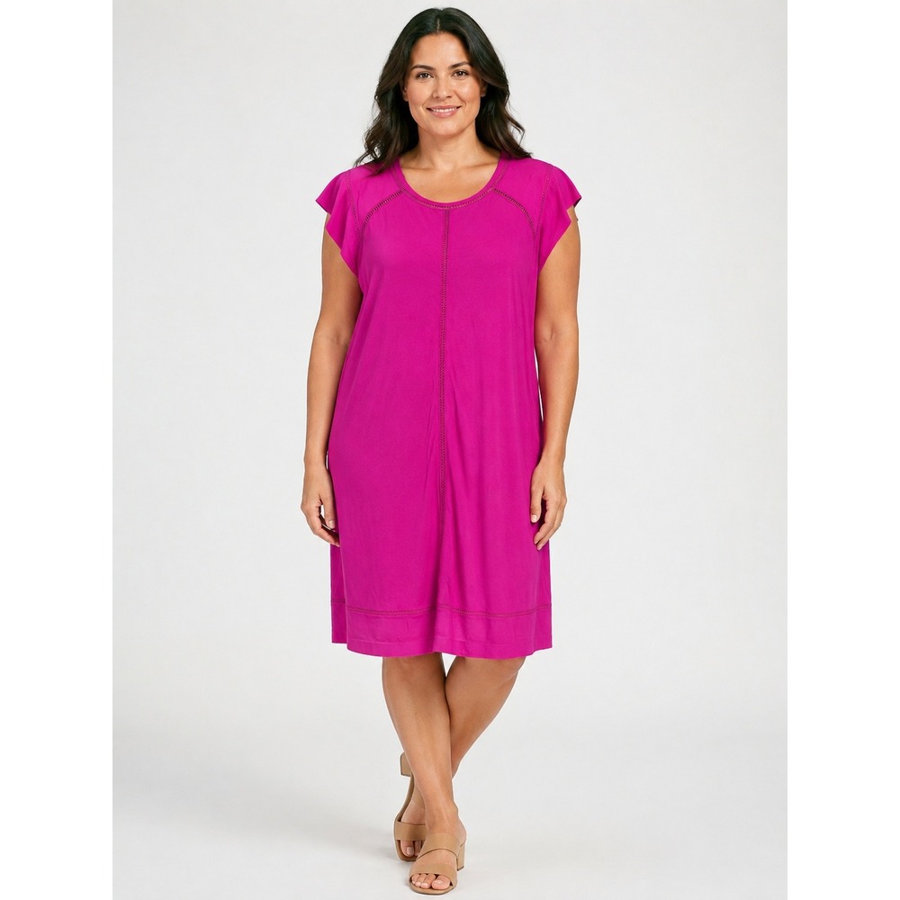 Kaari Blue Curvy Magenta Pink Flutter Sleeve Ladder Stitch Shift Dress 1X